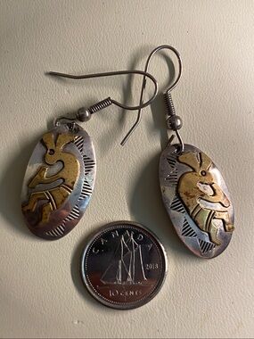 Signed T Native American Sterling & 12K GF Kokopelli Earrings